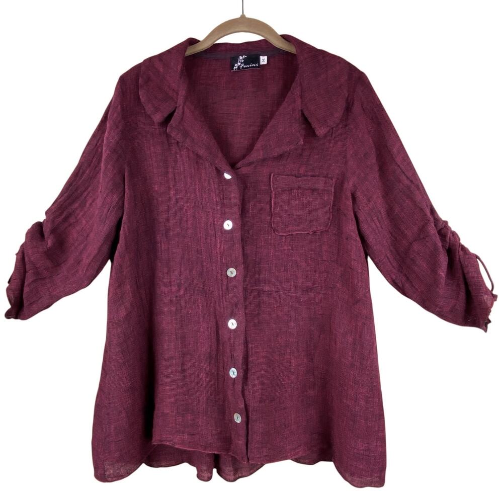 Fenini 100% Linen Blouse Tunic Size M Woven Button Front